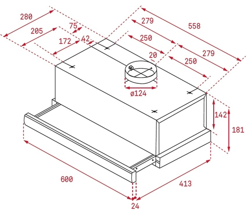 Dibujo técnico de una campana extractora rectangular que muestra las dimensiones en milímetros.