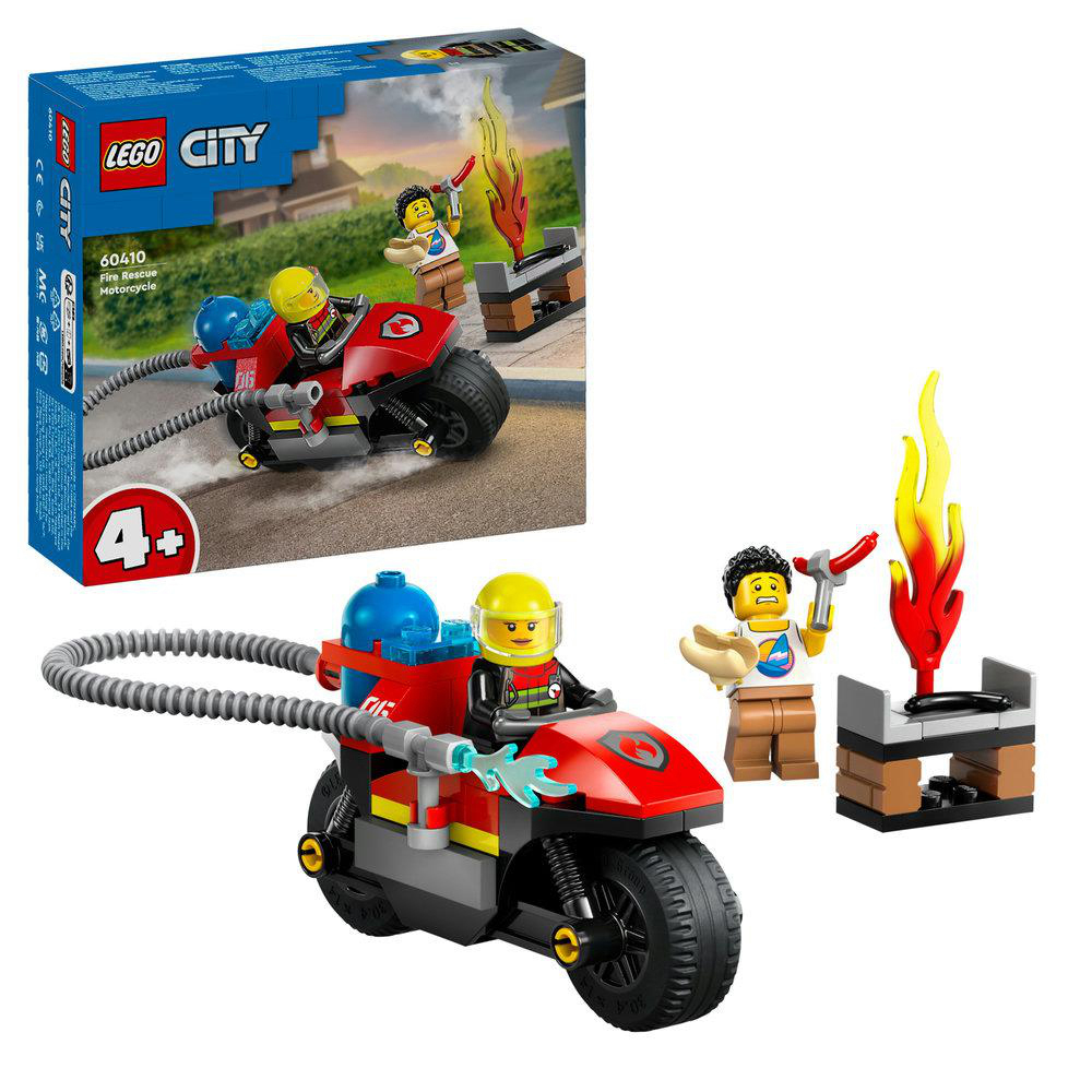 Lego City Feuerwehrmotorrad-Set. Ein rotes Motorrad mit einem Feuerwehrmann und einem Grill mit Flammen.