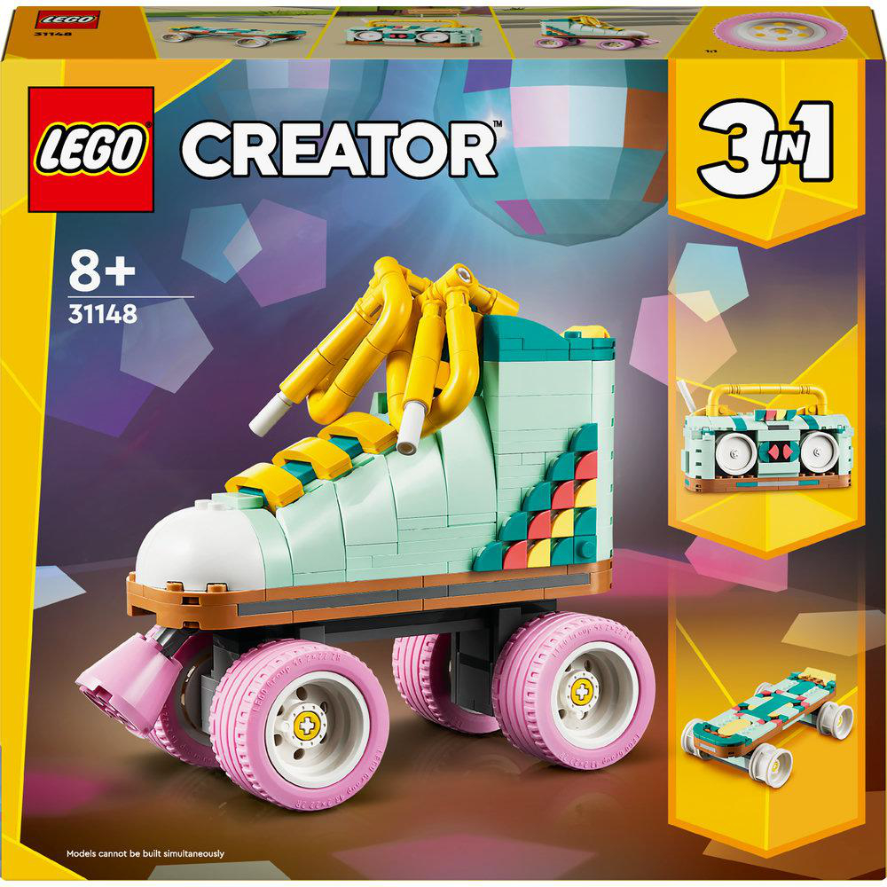 Eine Lego Creator Box mit einem Rollschuhmodell und zwei weiteren Modellen als Optionen.