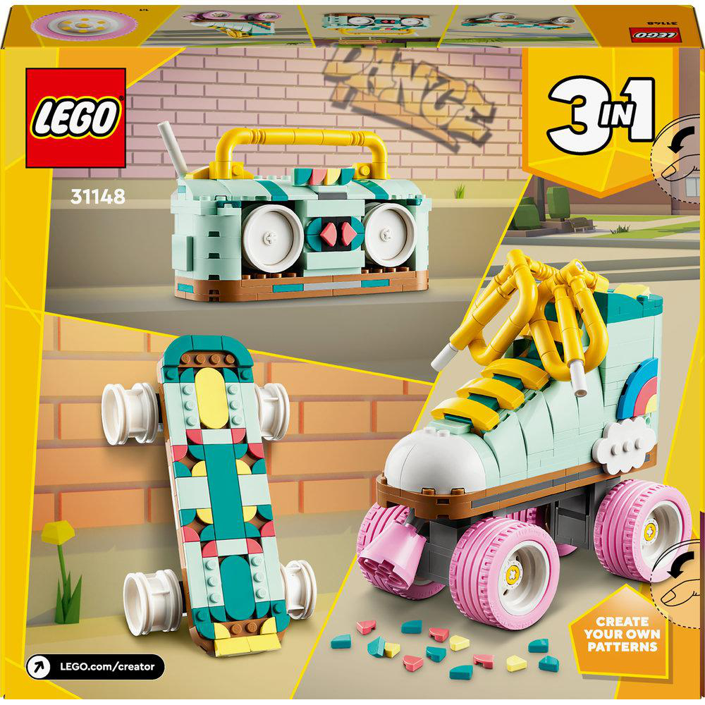 LEGO Creator 3-in-1 Set mit Boombox, Skateboard- und Rollschuhmodellen.