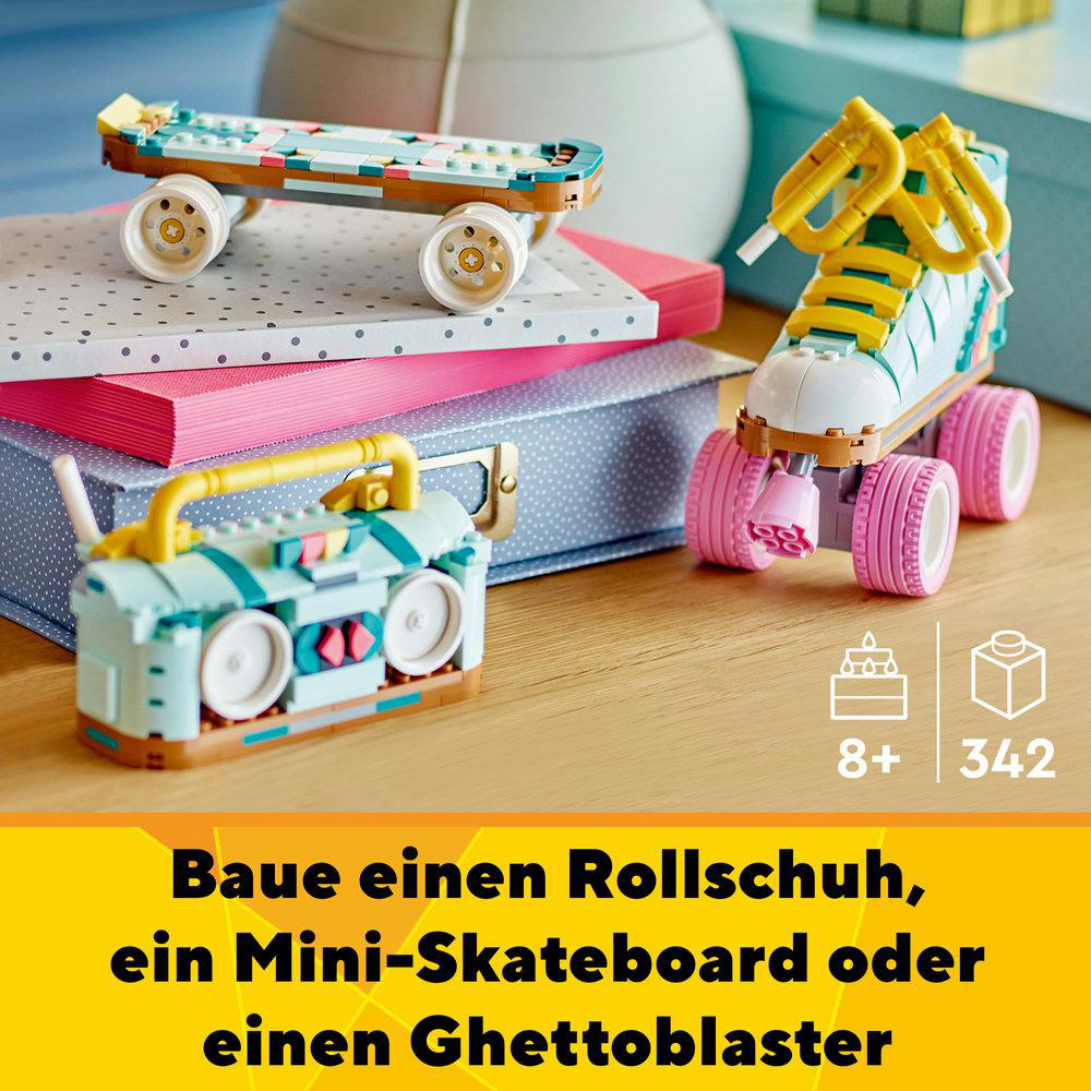 Lego-Kreationen: ein Skateboard, ein Rollschuh und ein Ghettoblaster. Text sagt: 'Baue einen Rollschuh...'