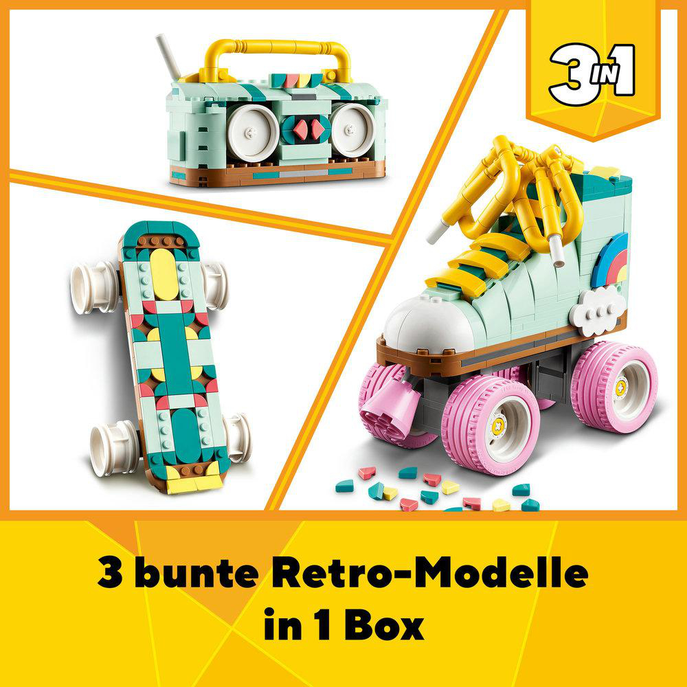 Ein Lego-Set mit einem Skateboard, einer Boombox und einem Rollschuh.