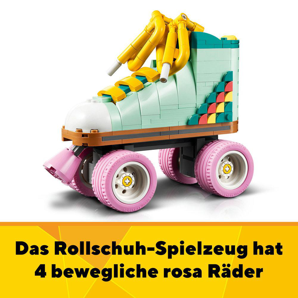 Ein Lego-Rollschuh mit rosa Rädern und gelben Schnürsenkeln. Text auf Deutsch unten.