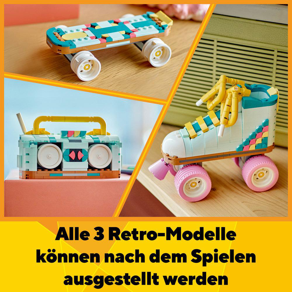 Drei Lego-Modelle: ein Skateboard, eine Boombox und ein Rollschuh. Text: 'Alle 3 Retro-Modelle...'