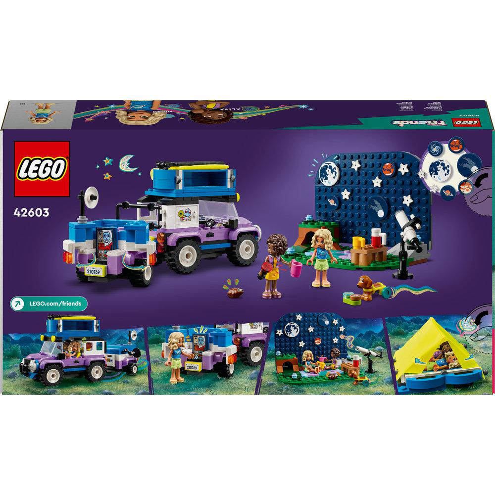 Lego Friends-Box mit Auto, Figuren und Camping-Szenen mit Nachthimmel.