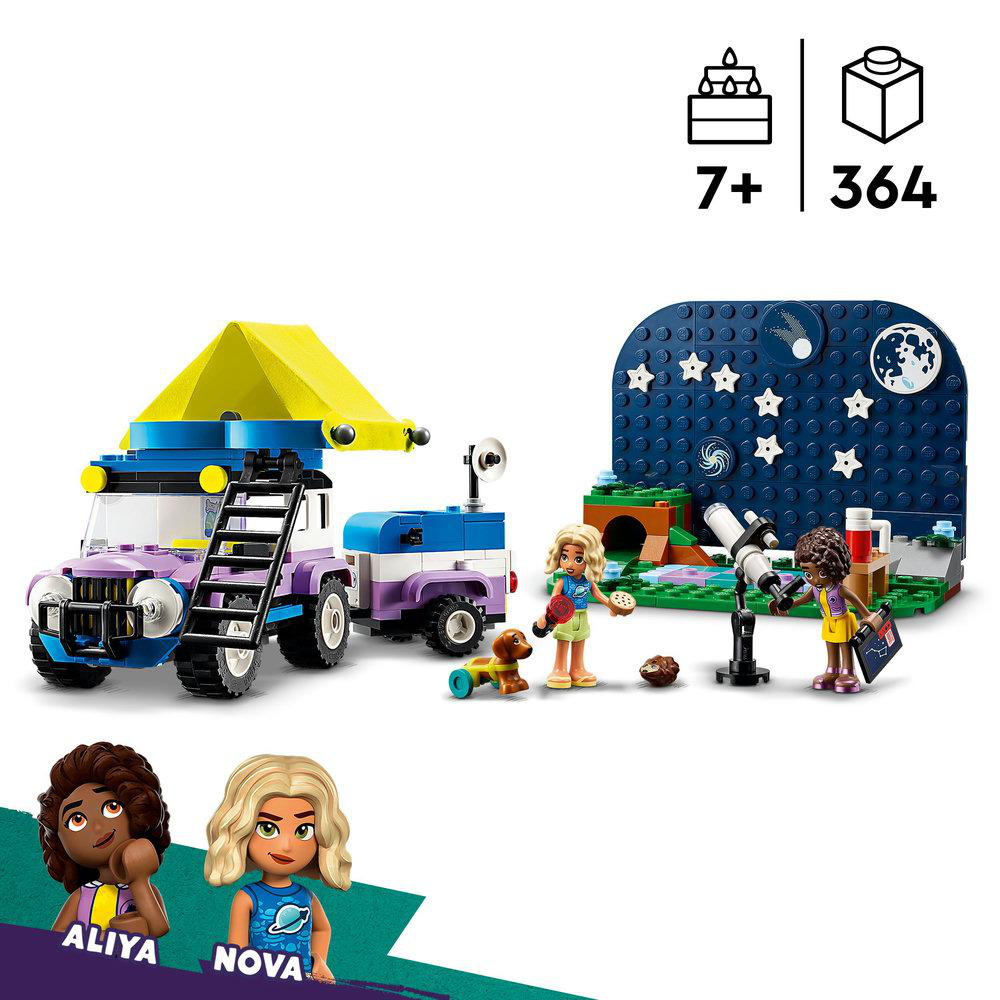 Lego-Set: Ein Auto, ein Teleskop und drei Figuren mit den Wörtern 'ALIYA' und 'NOVA'.
