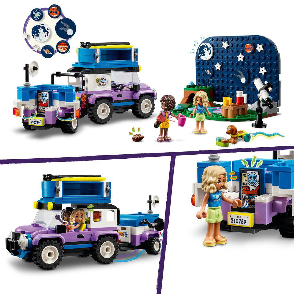 LEGO-Set eines Wohnmobils, Figuren und Sternenhimmel mit Teleskop und Zubehör.