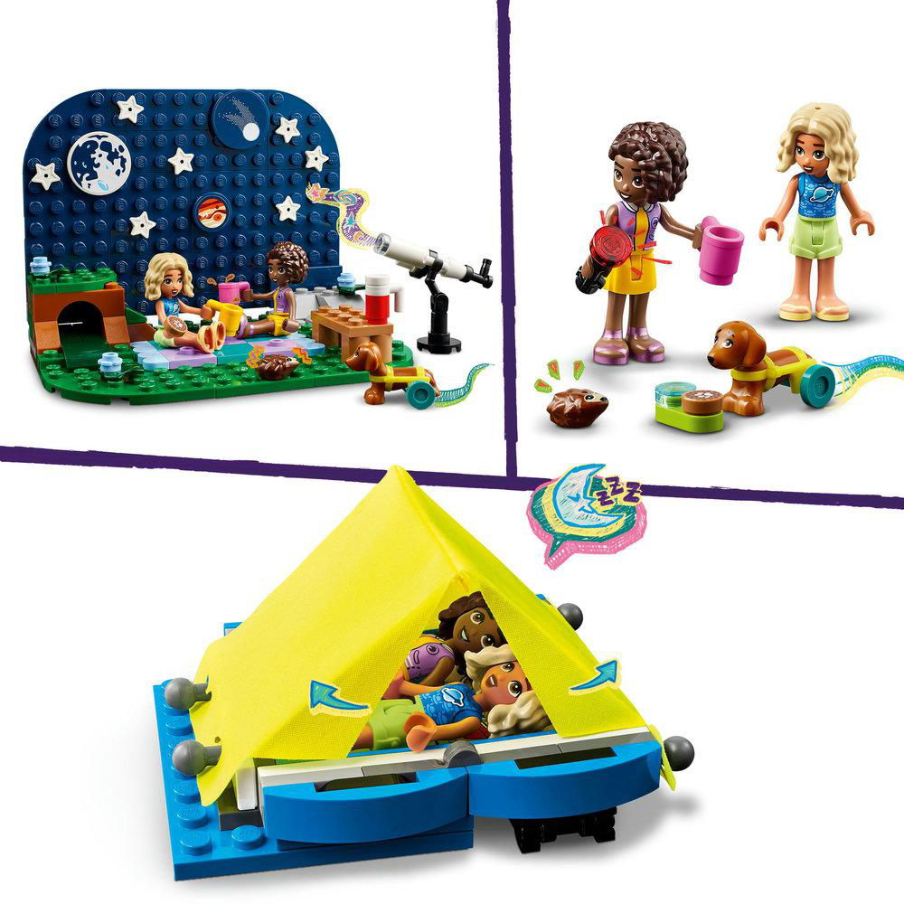 LEGO Friends Camping-Szene mit Minifiguren, Zelt, Lagerfeuer und Teleskop.