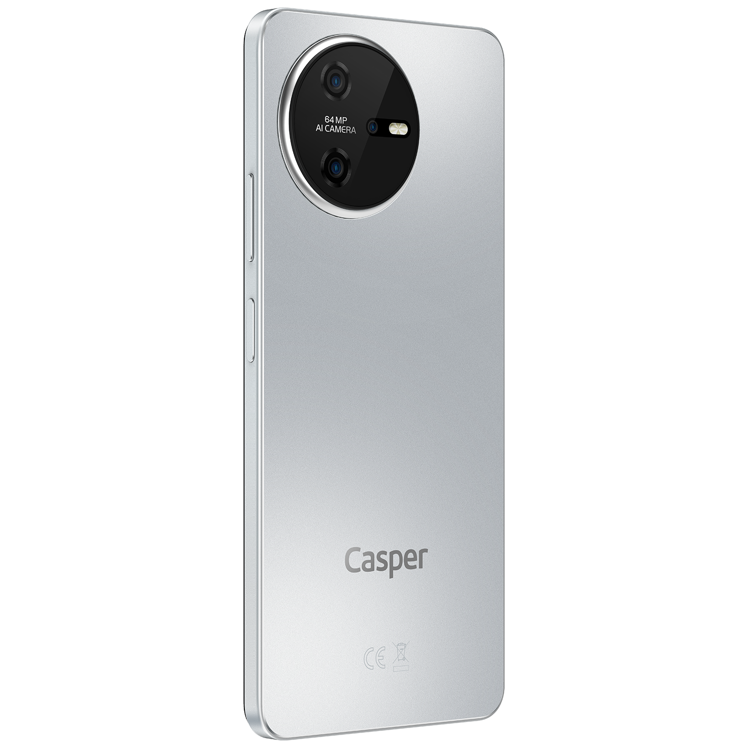 Çift kameralı ve Casper logosu bulunan gümüş renkli bir akıllı telefon.