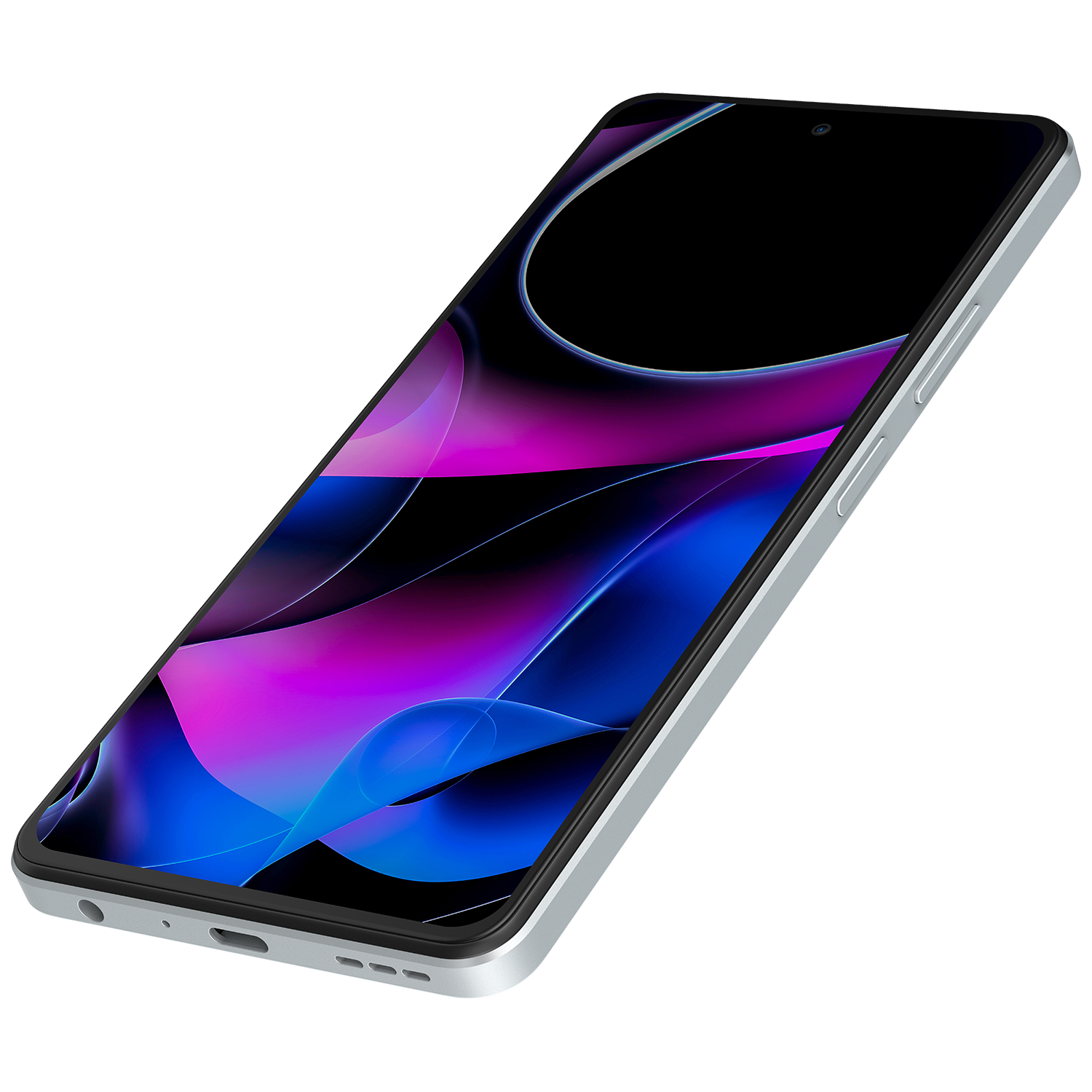 Kavisli bir ekrana sahip gümüş bir akıllı telefon, soyut, renkli bir dijital sanat tasarımı sergiliyor.