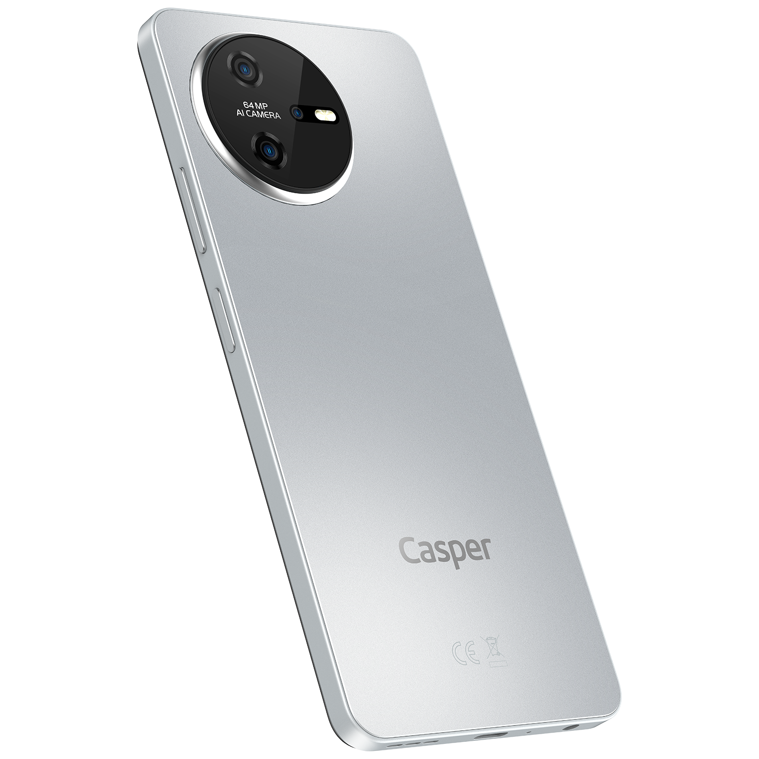 Gümüş Casper telefon, arka görünüm, çift kamera ve Casper logosu ile. Koyu zemin.