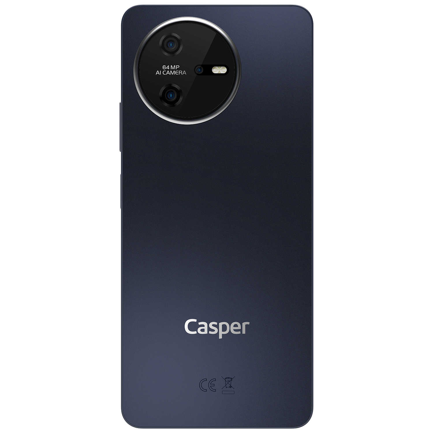 Çift kamera sistemine sahip, koyu mavi bir Casper akıllı telefon.