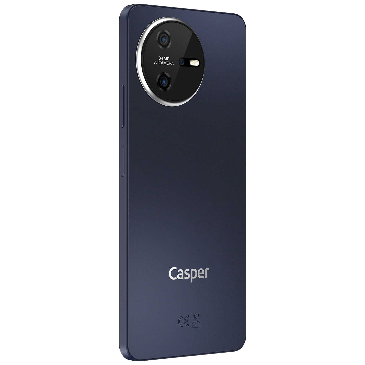 Mavi Casper telefon, arka görünüm, çift kamera ve Casper logosu ile. Koyu zemin.
