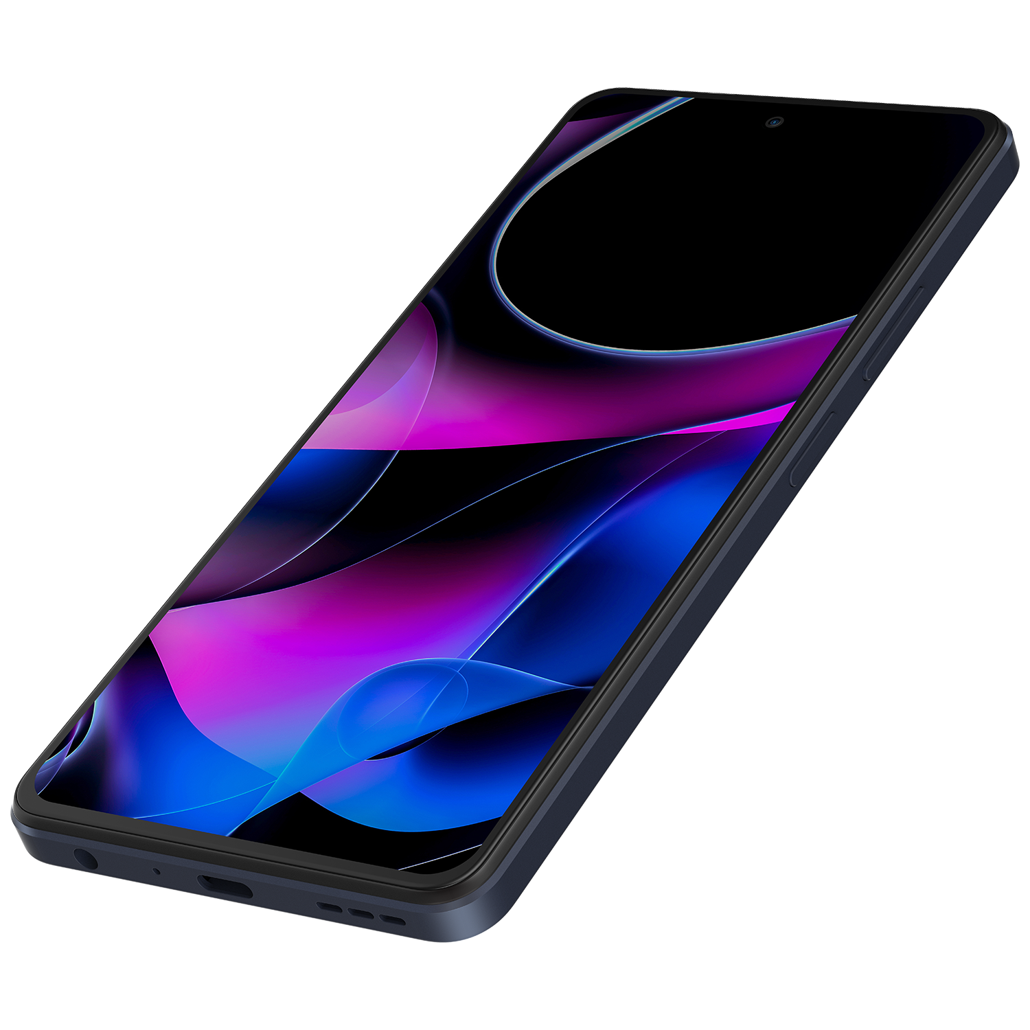 Açılandırılmış bir akıllı telefon, siyah ekranda mavi ve mor soyut şekiller sergiliyor.