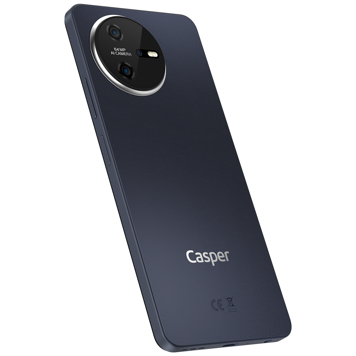 İki kameralı, koyu mavi Casper telefon. Telefon, Casper logosuyla arka tarafı gösteriyor.