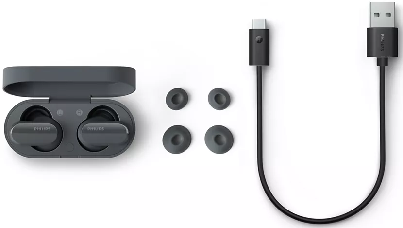 Fülhallgatók, töltőtok és töltőkábel. A fülhallgatók szürkék. A kábel USB-C.