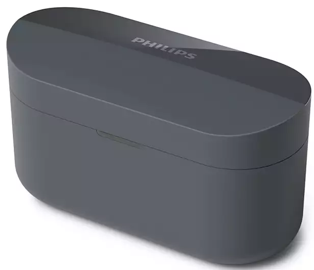 Egy sötétszürke töltőtok, tetején a PHILIPS felirattal.