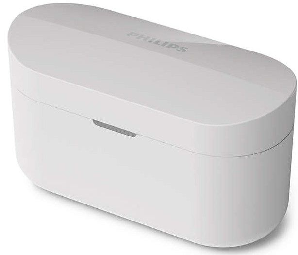 Fehér Philips töltőtok fülhallgatókhoz. A tok lekerekített téglalap alakú, és Philips logóval rendelkezik.