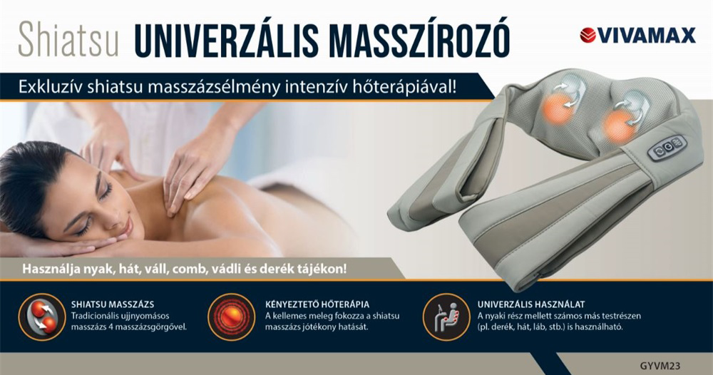 Egy nő masszázst kap. Egy masszázskészülék van jobbra, magyar szöveggel.