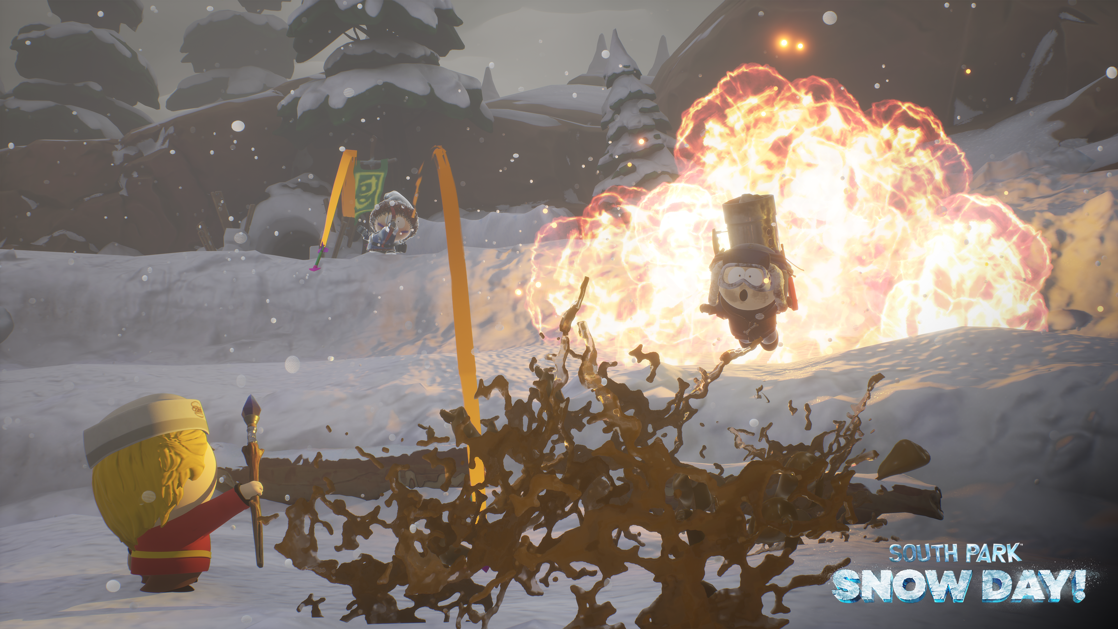 Eine Szene aus South Park: Snow Day! Explosion im Hintergrund. Charaktere im Vordergrund.