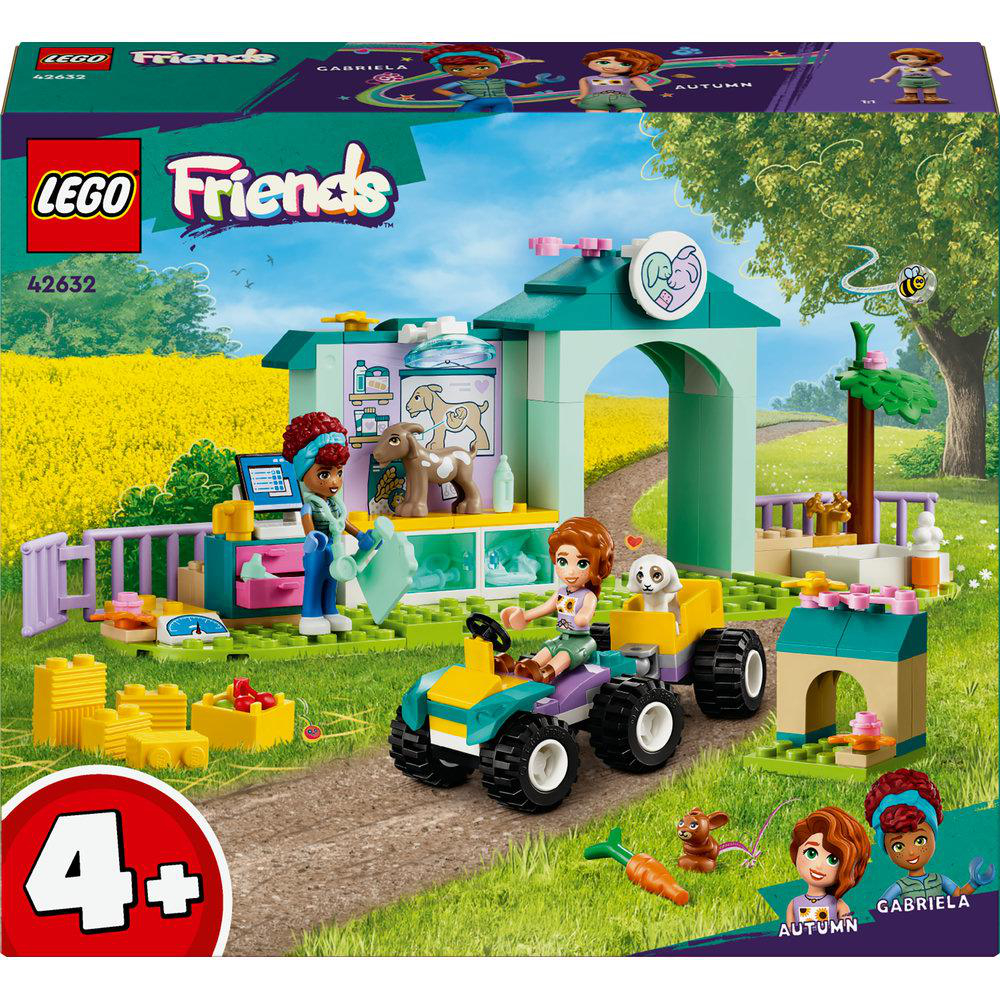 Lego Friends Set. Enthält Tierklinik, Figuren, Auto und Tiere. Grün und Gelb.