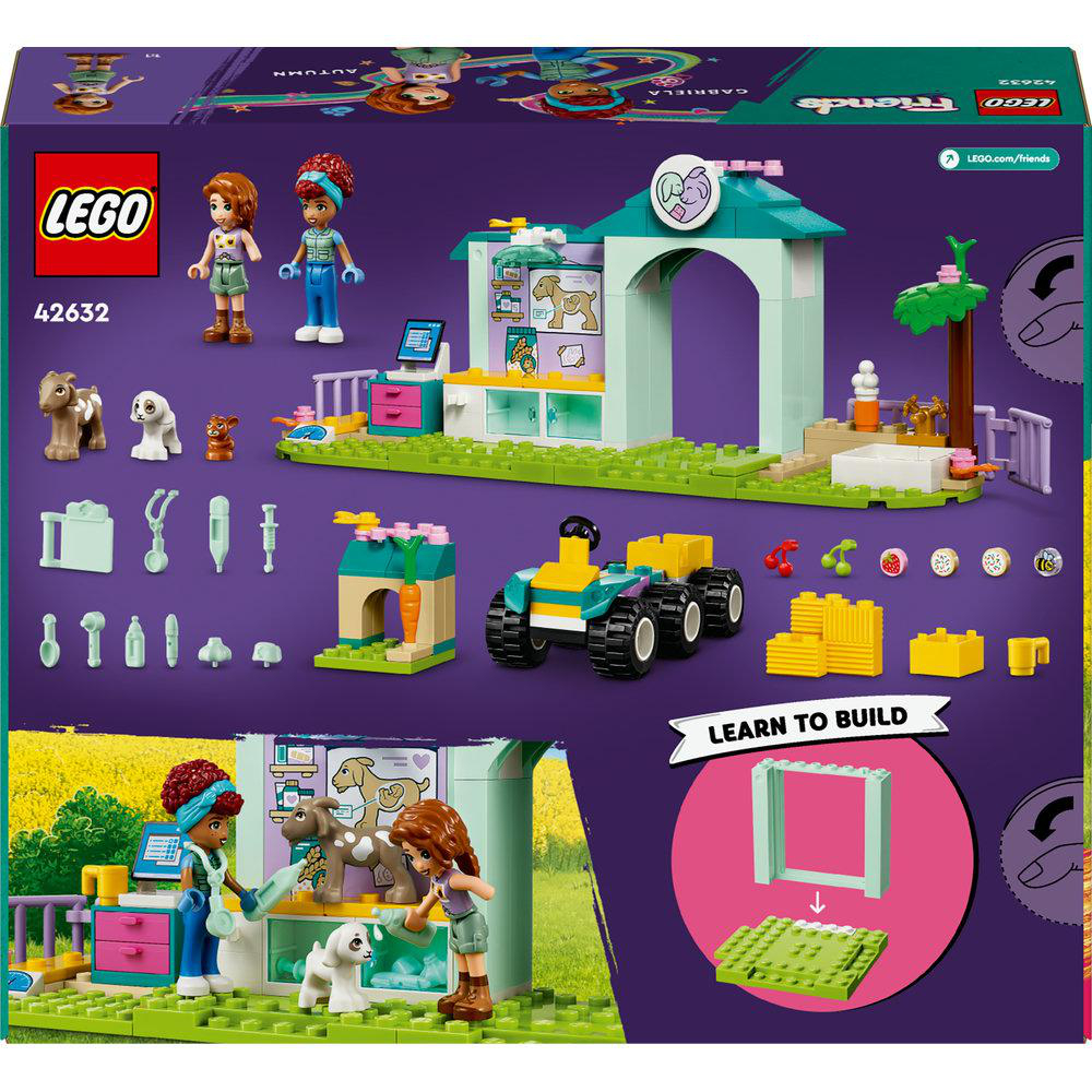 Lego-Set mit Figuren, Tieren und einem Gebäude mit einem Schild.