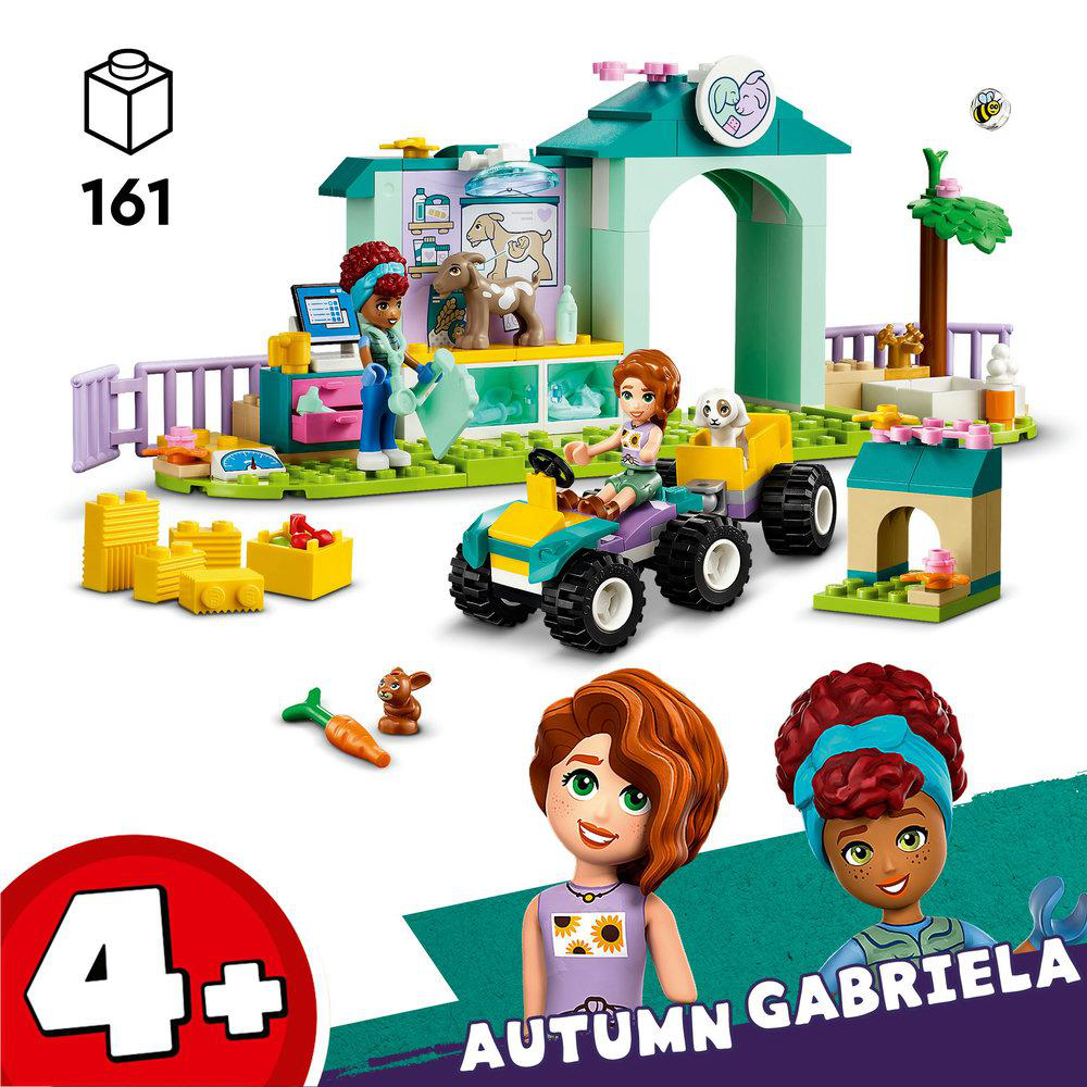 Lego Friends Set mit Figuren, einer Tierklinik und einem kleinen Fahrzeug.