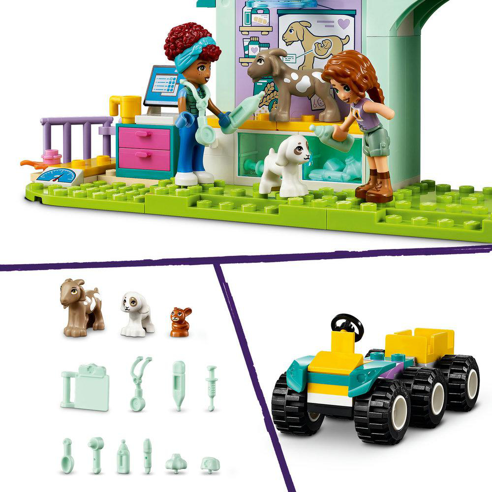 Lego-Set mit Tierklinik, Figuren und Spielzeug-LKW. Verschiedene Werkzeuge sichtbar.