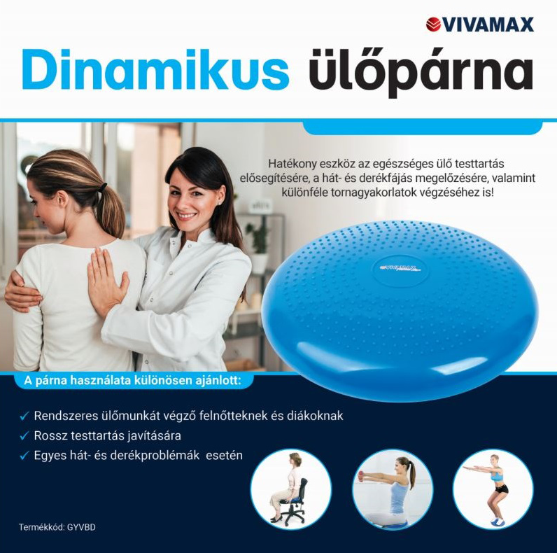 Kék egyensúlyozó párna szöveggel és illusztrációkkal a testtartásról és a gyakorlatokról.