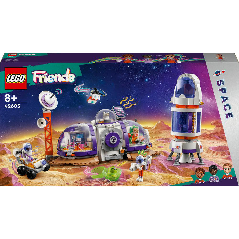 LEGO Friends Weltraum-Set-Box mit Figuren, einer Raumstation und einer Rakete.