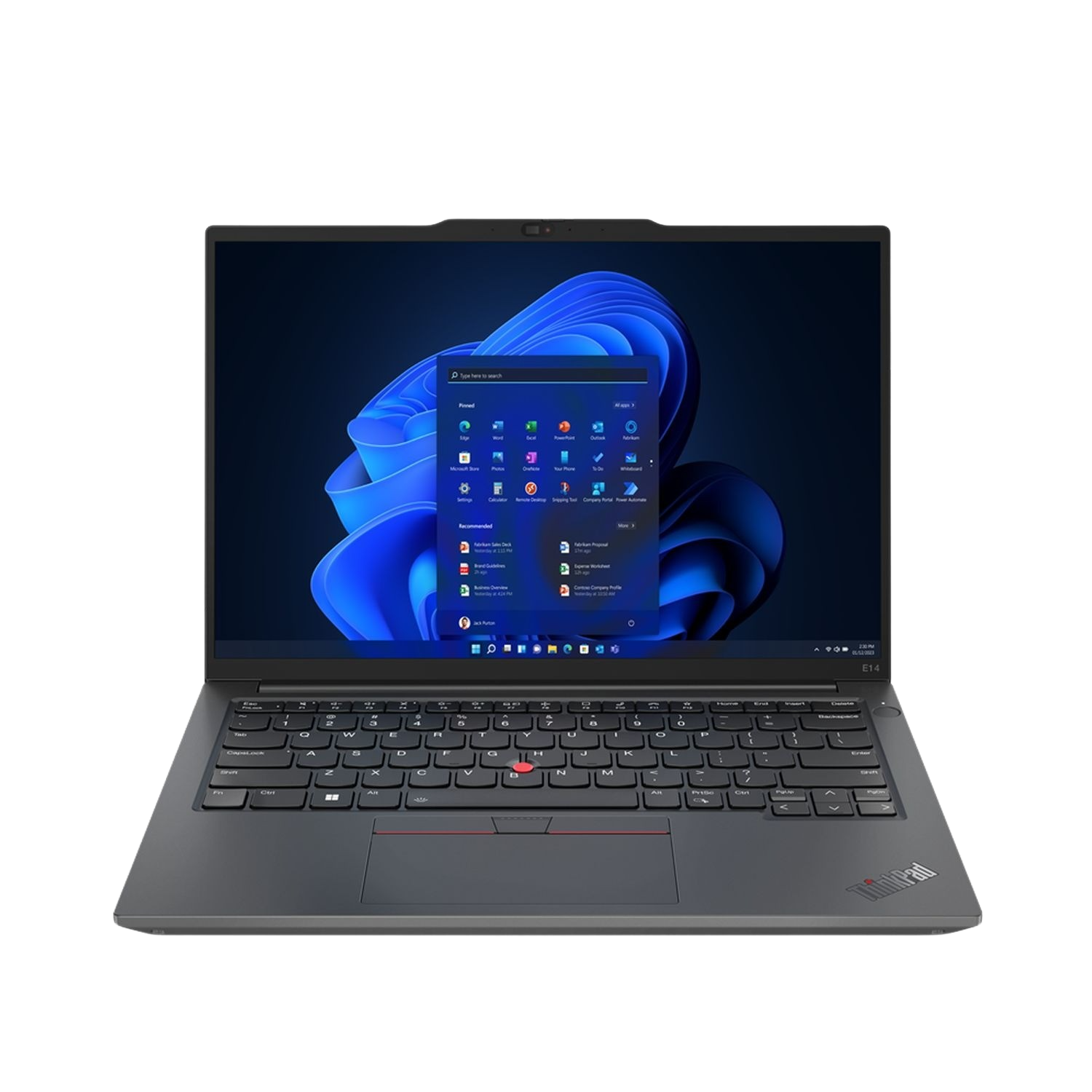 Zwarte laptop open op een bureau. Geeft een Windows 11-interface weer.