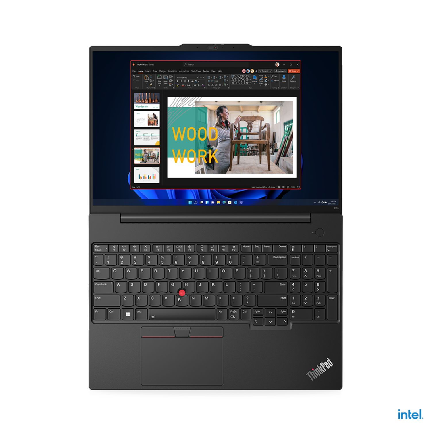 Black ThinkPad laptop open, showing a woodwork program on screen. Keyboard visible. White background.