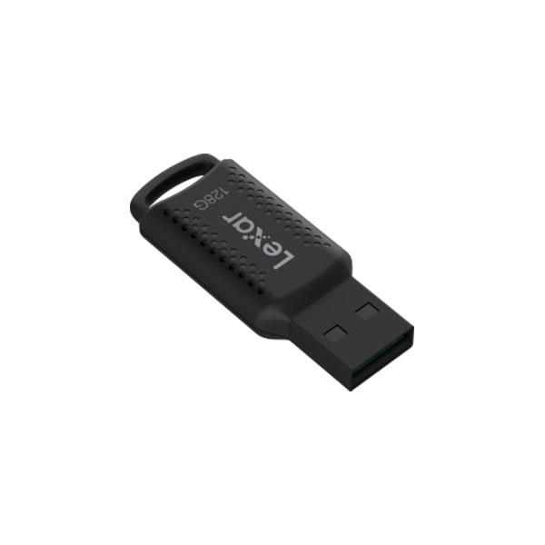 Siyah Lexar USB flash bellek, 128GB, USB konnektörlü. Marka adı üzerine basılmıştır.