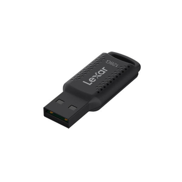 Siyah Lexar USB flash bellek, 128GB, USB konnektörlü. Marka adı üzerine basılmıştır.