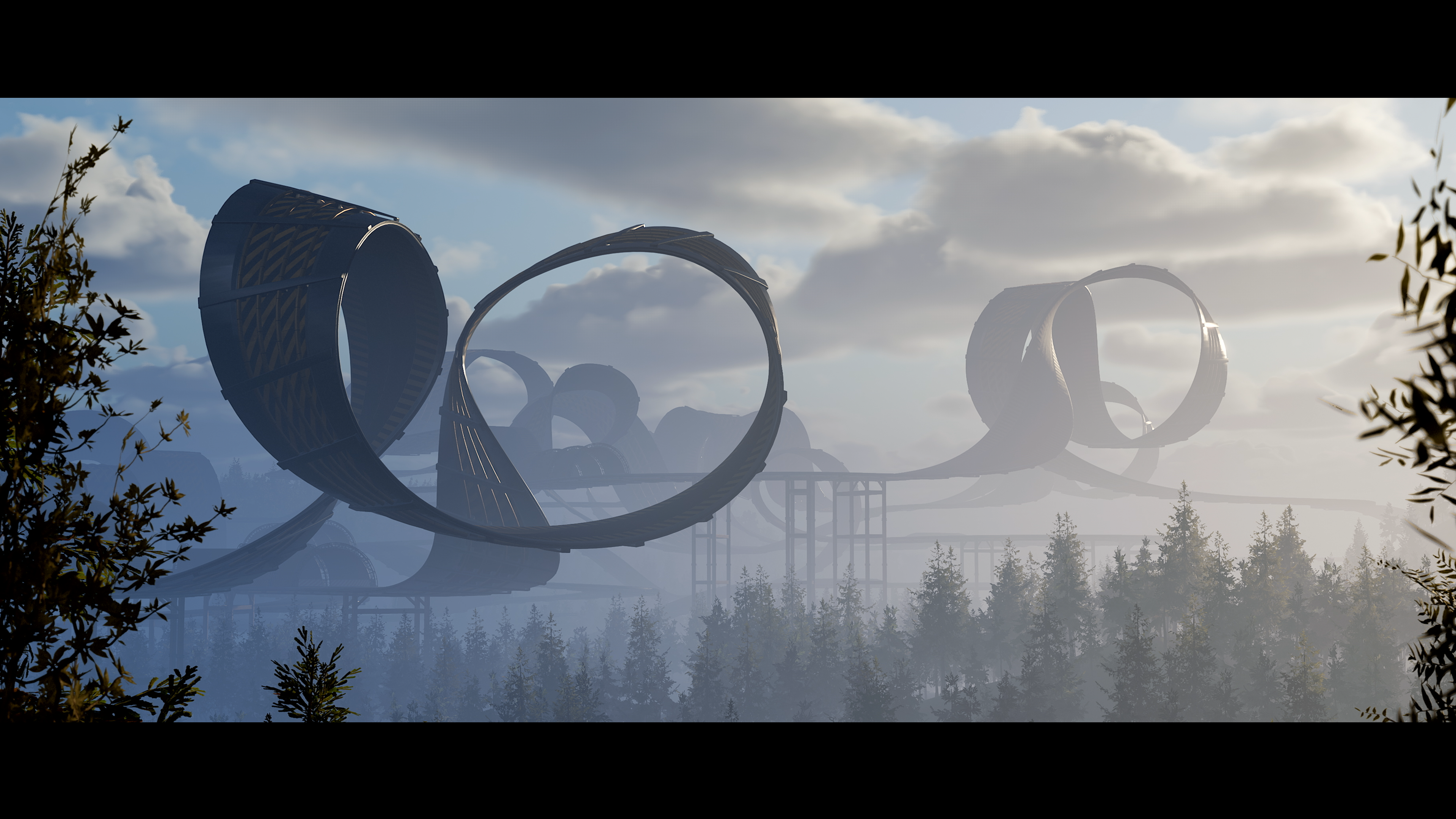 Un paysage avec des structures futuristes dans le ciel et des arbres au premier plan. Le ciel est nuageux.