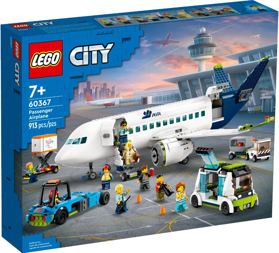 Zestaw LEGO City. Samolot pasażerski i pojazdy lotniskowe z minifigurkami.