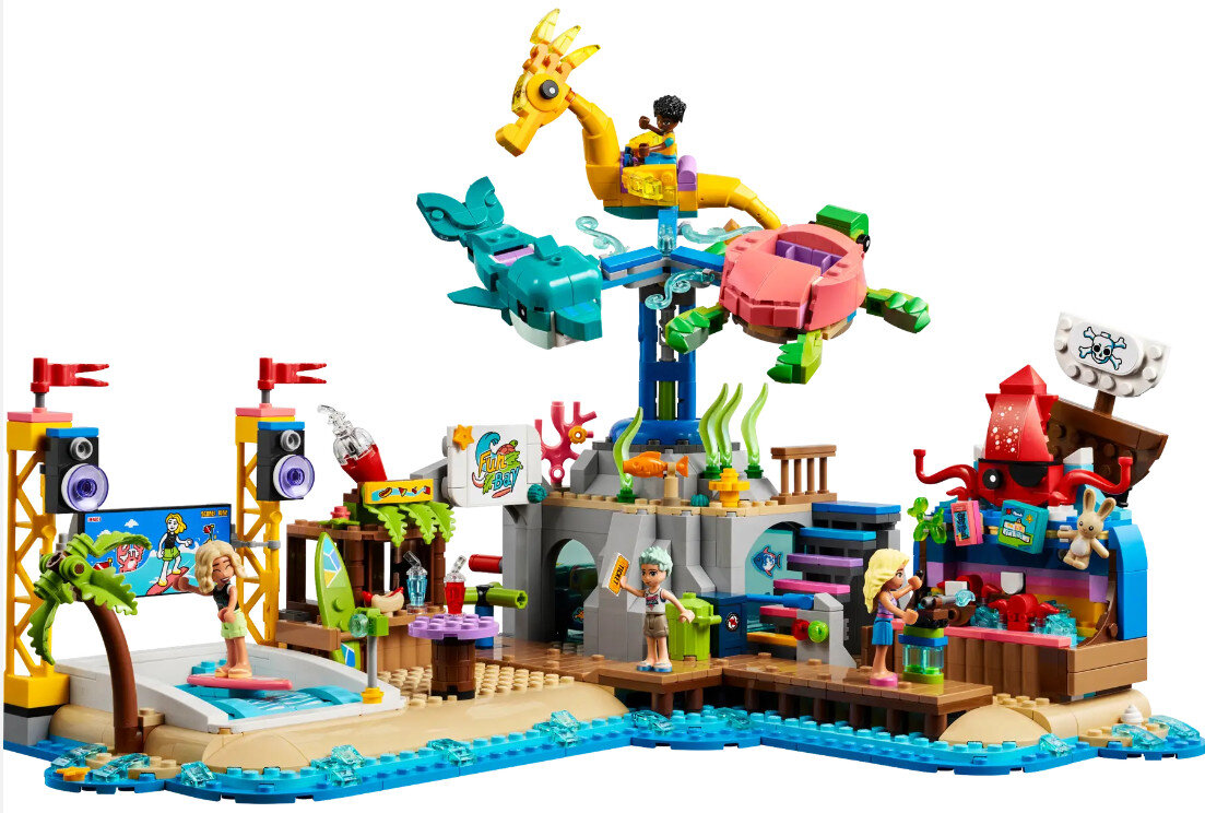 Zestaw Lego Friends ze sceną na plaży. Zawiera figurki, stworzenia morskie i maszynę do fal.