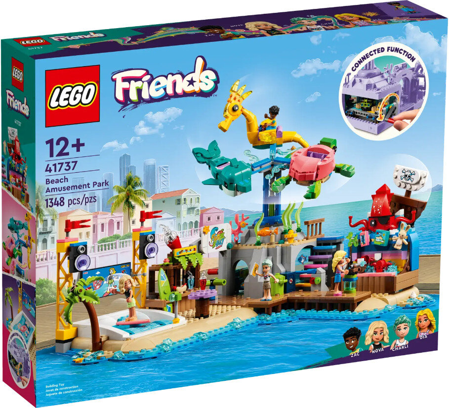 Pudełko zestawu LEGO Friends Beach Amusement Park. Zawiera minifigurki, przejażdżki i scenę na plaży z niebieską wodą i kolorowymi budynkami.