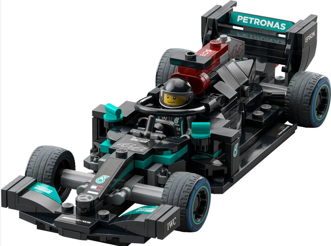 Samochód Lego Formuły 1 z kierowcą. Samochód jest czarny i morski. Tło jest białe.