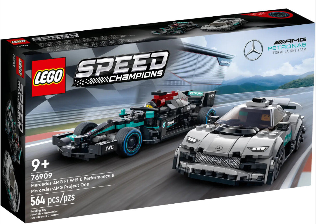Zestaw LEGO Speed Champions z czarnym samochodem Formuły 1 i srebrnym Mercedesem-AMG.