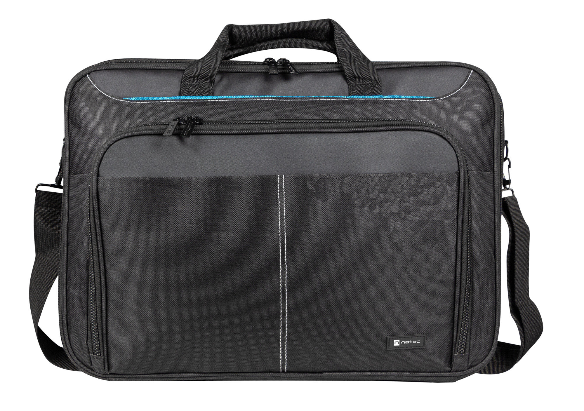 Czarna torba na laptopa z wieloma przegrodami, uchwytem, paskiem na ramię i białym paskiem.