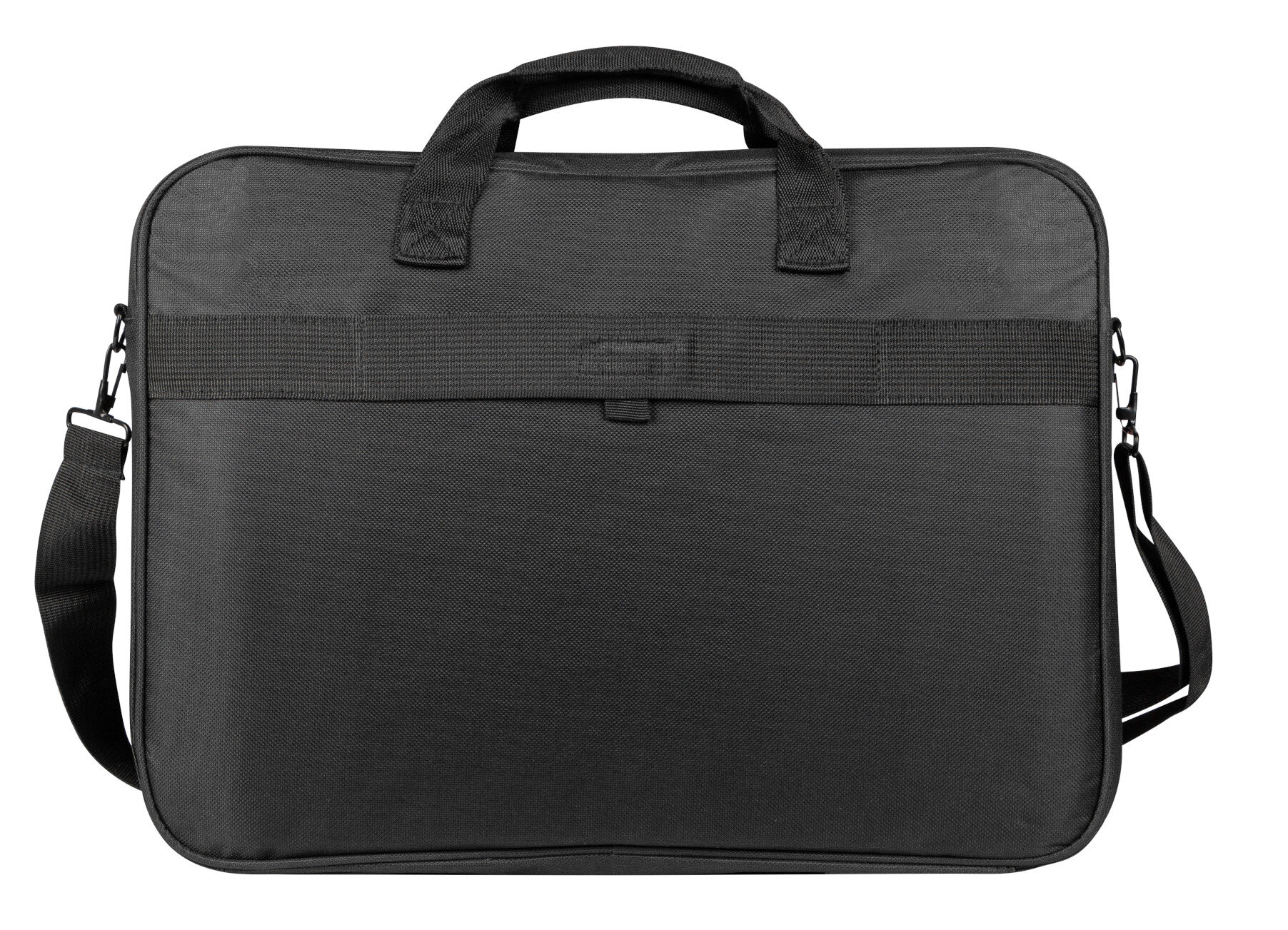 Czarna torba na laptopa z dwoma uchwytami, paskiem na ramię i paskiem z przodu, gładkie tło.