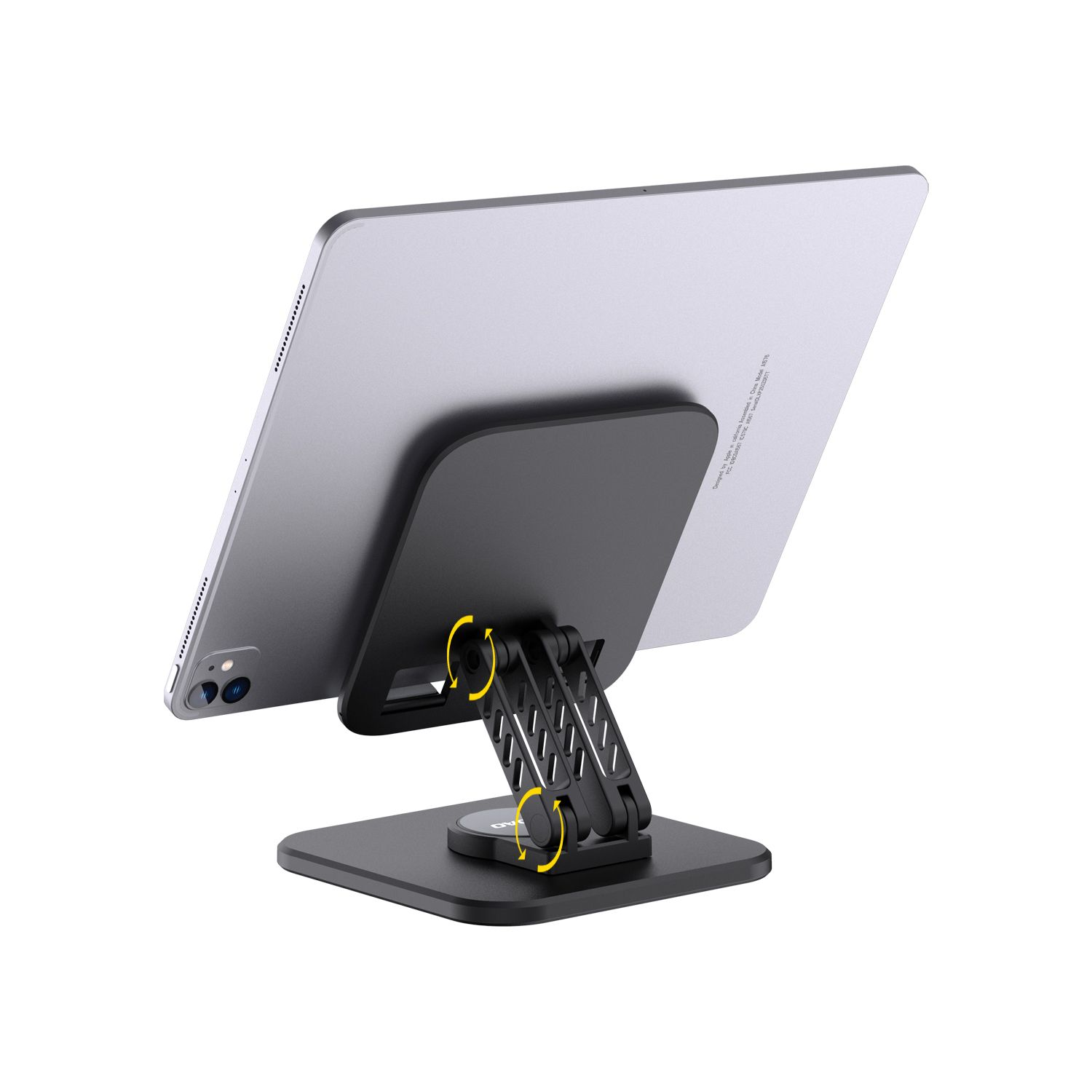 Siyah bir stand üzerinde ayarlanabilir tablet. Ekran arkaya dönük.