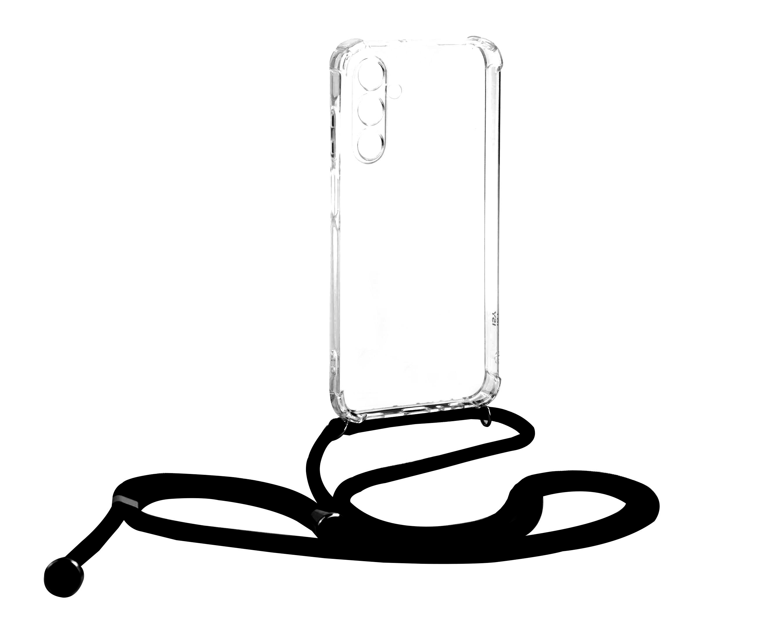 Transparente Handyhülle mit schwarzem Umhängeband, isoliert auf weißem Grund.