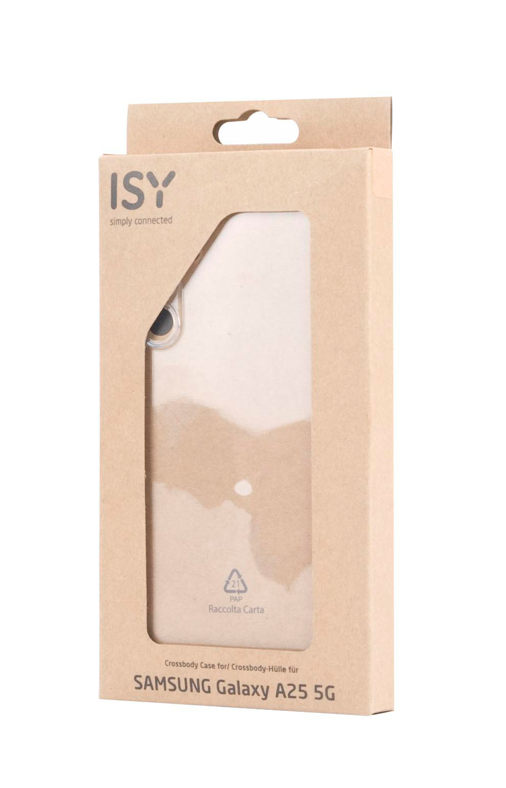 Braune Kartonhülle für ein Samsung Galaxy A25 5G Telefon. Sie hat ein transparentes Fenster.