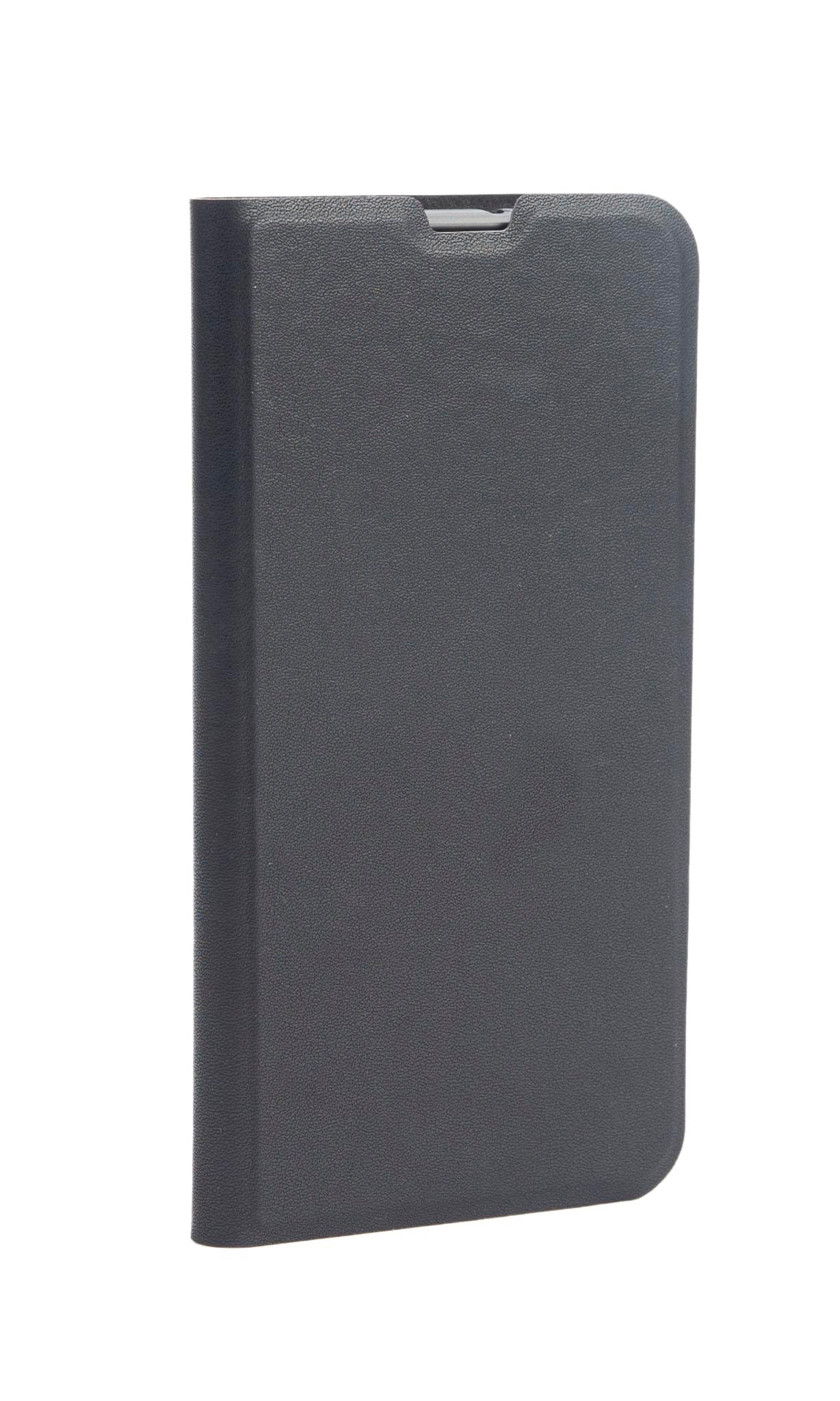 Schwarze Handyhülle, geschlossen, mit strukturierter Oberfläche. Weißer Hintergrund.