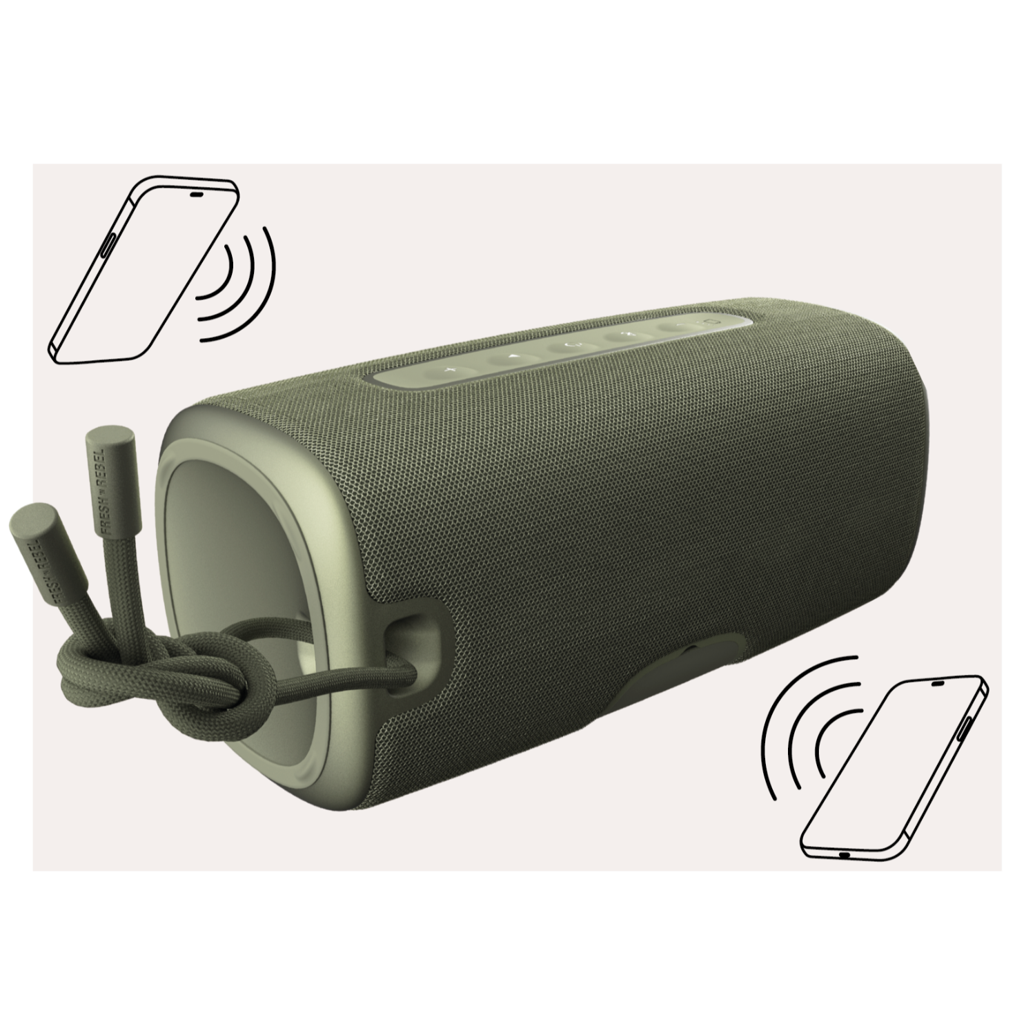 Groene speaker met illustratie van geluidsgolven en telefoons.