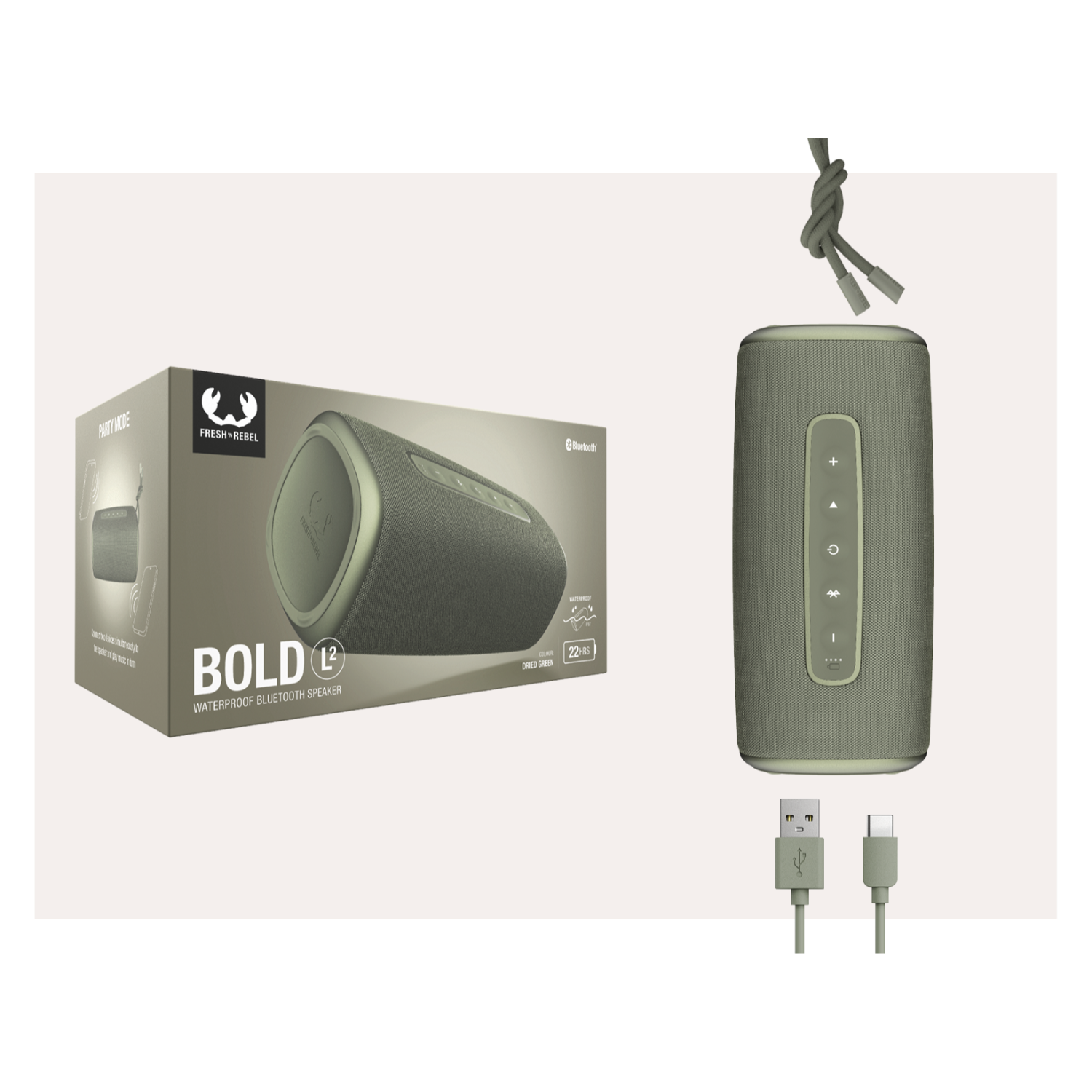 Een groene waterdichte Bluetooth-luidspreker met doos en USB-C-kabels.