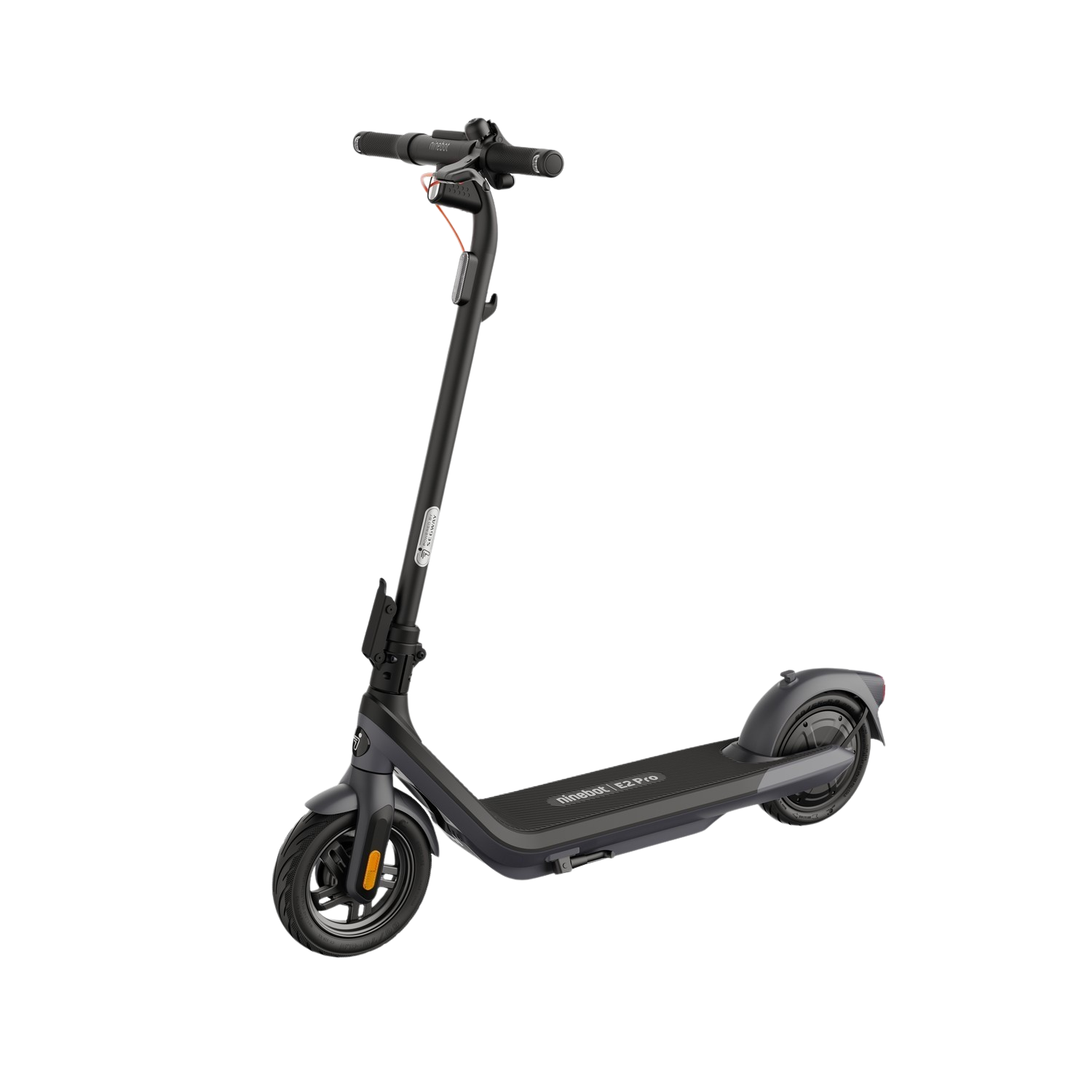 Schwarzer Elektroroller mit langem Stiel und Fußplattform. Orange Akzente auf Rad und Stiel.