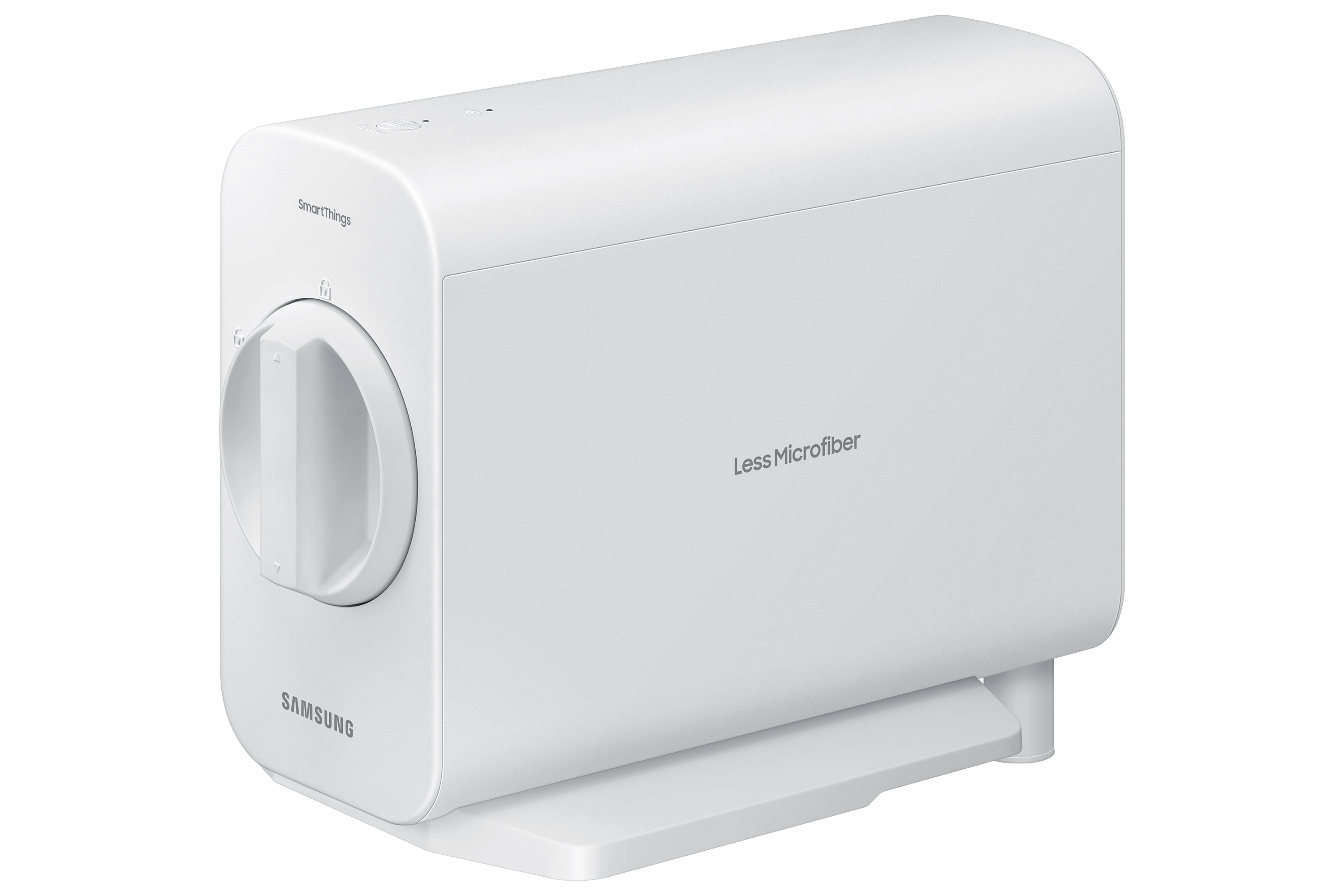 Weißes Samsung-Gerät mit Drehknopf und den Worten 'Less Microfiber'.